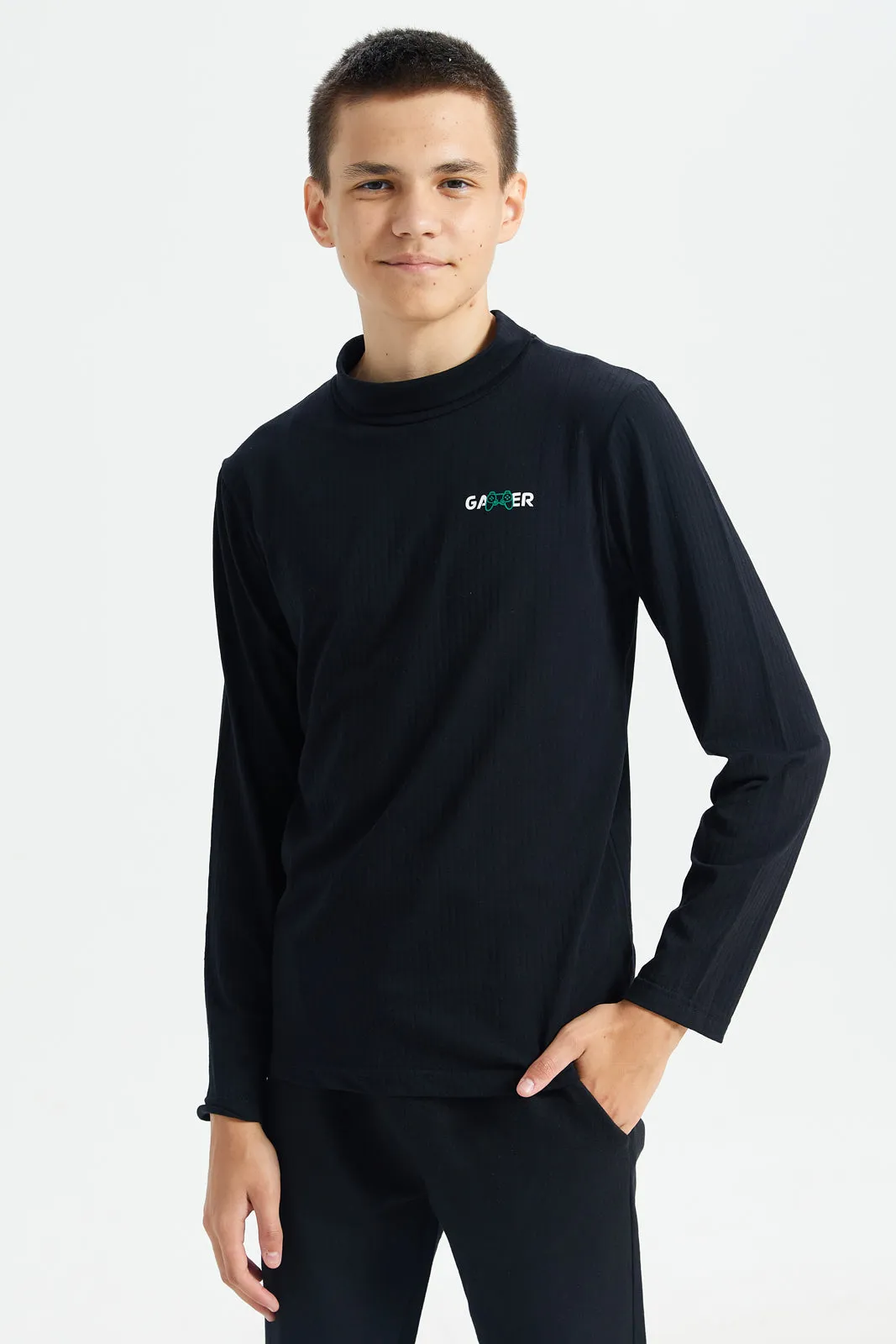 Senior Boys Black High Neck T-Shirt sold by Redtag