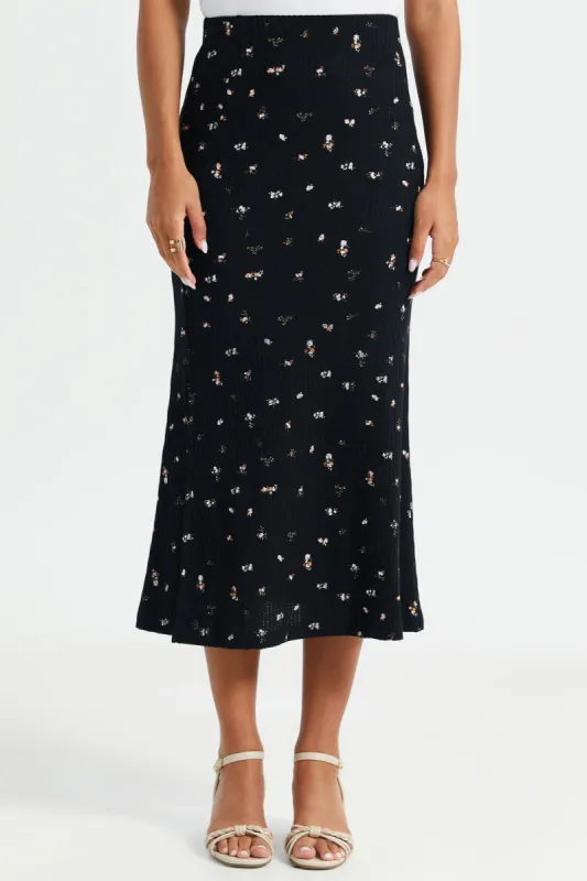 Women Black Printed Rib Skirt sold by Redtag