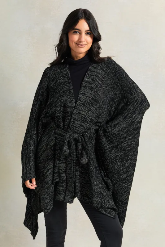 Women Black Lurex Pattern Front Knot Poncho sold by Redtag