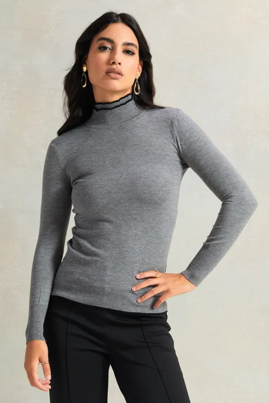 Women Grey Turtle Neck Pullover With Black Line sold by Redtag