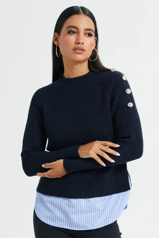 Women Navy Twofer Sweater With Button Details sold by Redtag