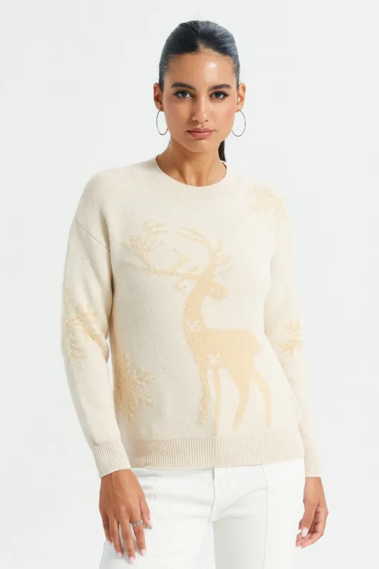 Women Beige Deer Print Pullover sold by Redtag