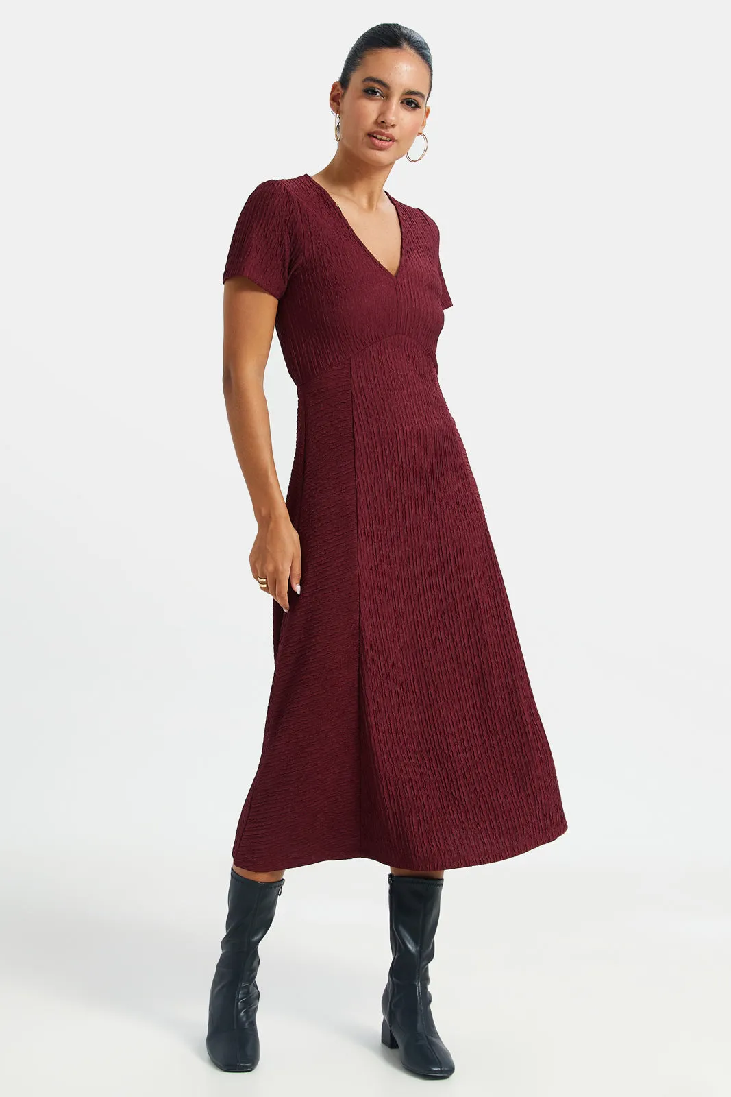 Women Burgundy V-Neck Dress sold by Redtag
