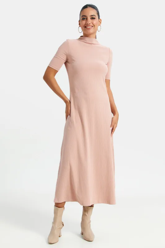 Women Pink High-Neck Ribbed Dress sold by Redtag