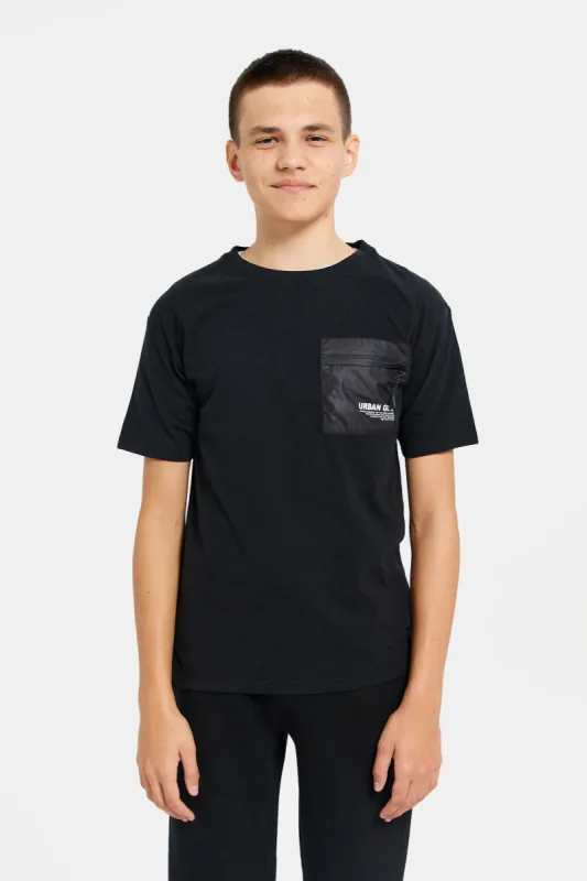Senior Boys Black Print Mesh Pocket T-Shirt made by Redtag