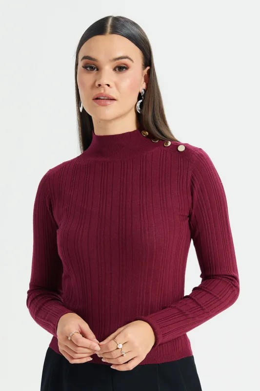 Women Burgundy Embellished Shoulder Button Top sold by Redtag