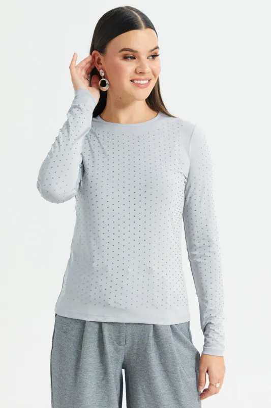 Women Grey Long Sleeve Rhinestone Top sold by Redtag