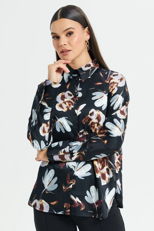 Women Black Floral Printed Satin Blouse sold by Redtag