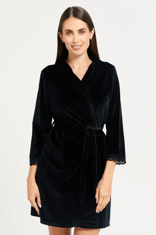 Women Black Velvet  Robe With Drawstring Waist sold by Redtag