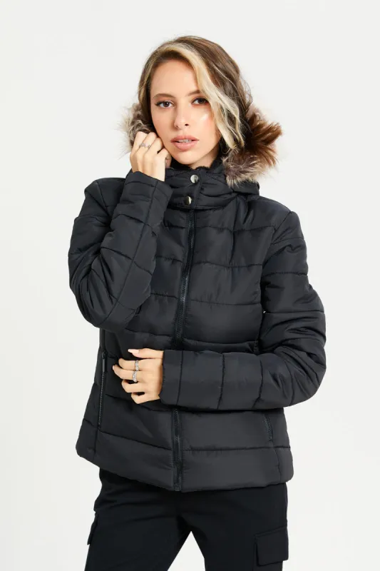 Women Black Faux Fur Hooded Jacket sold by Redtag