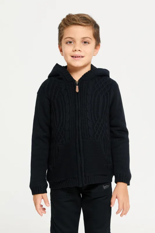 Boys Black Zip Thur Fur Lining Hooded Cardigan sold by Redtag