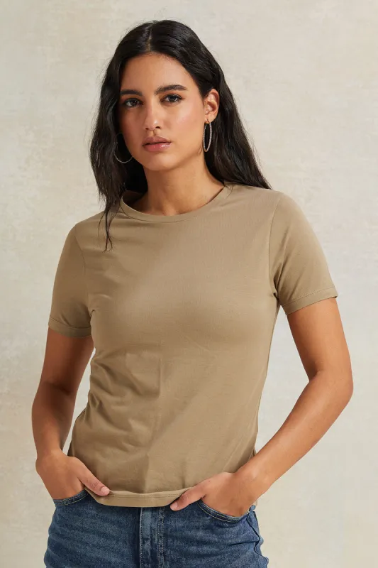Women Olive Short Sleeve Basic T-Shirt sold by Redtag