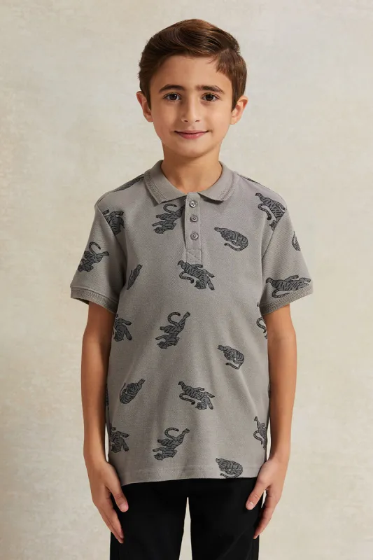 Boys Grey Printed Polo Shirt sold by Redtag
