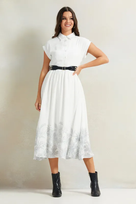 Women White Belted Dress With Bottom Print sold by Redtag