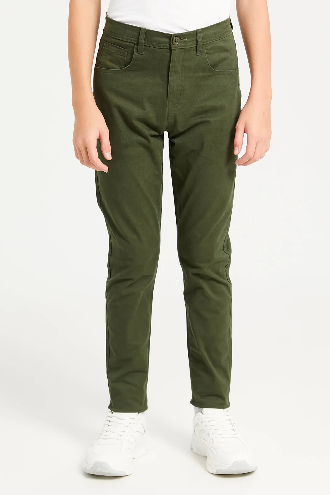 Senior Boys Olive 5 Pocket Table Trousers sold by Redtag