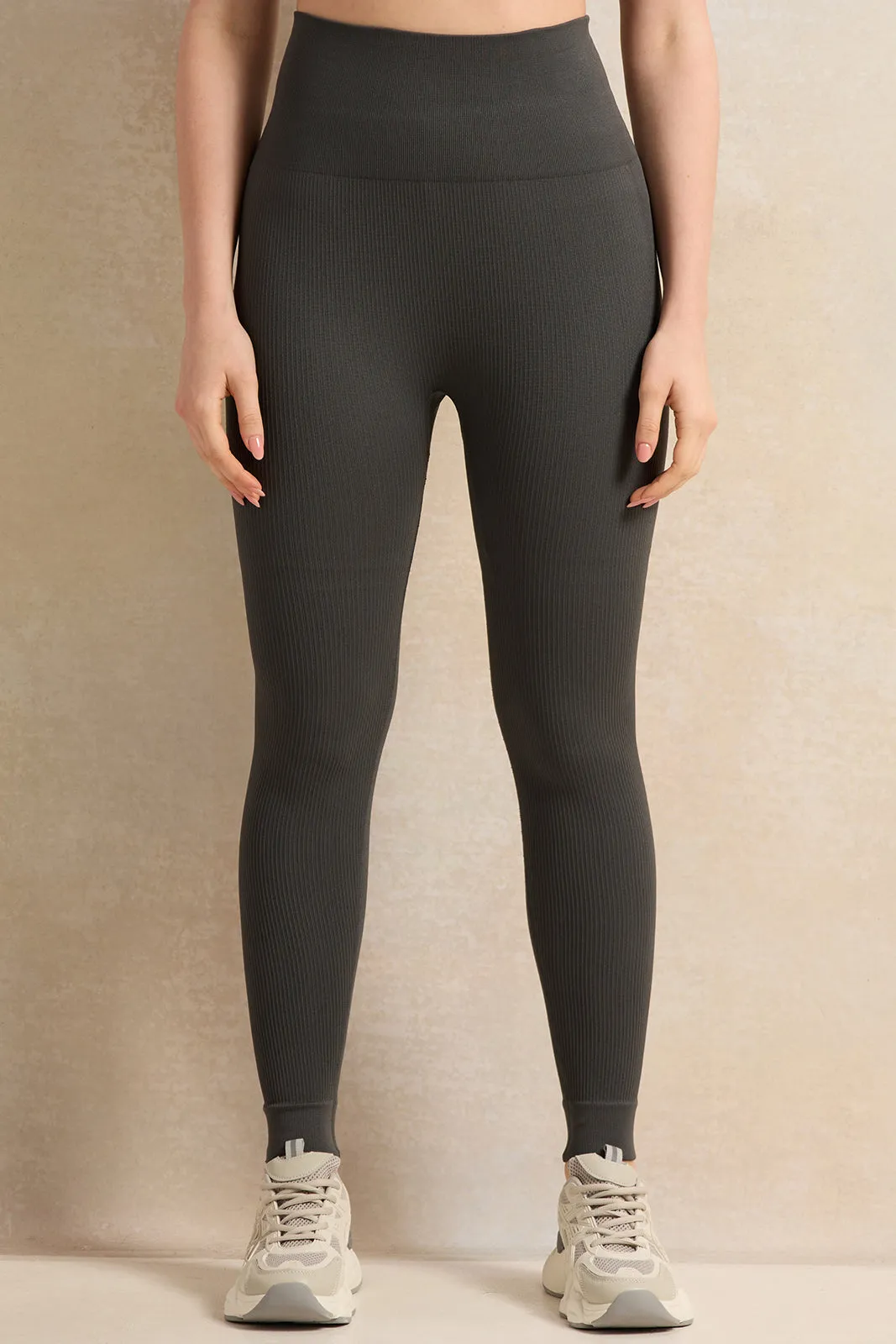 Women Olive Ribbed Seamless Leggings sold by Redtag