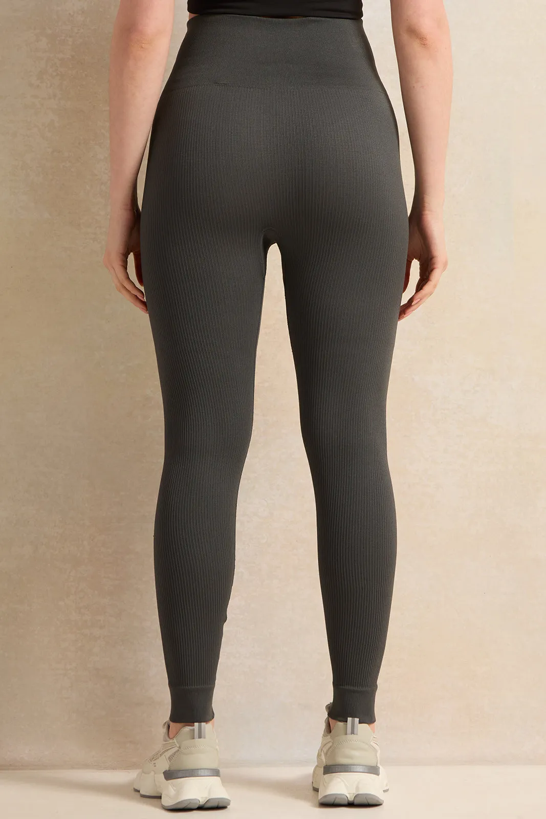 Women Olive Ribbed Seamless Leggings sold by Redtag product image thumbnail 3