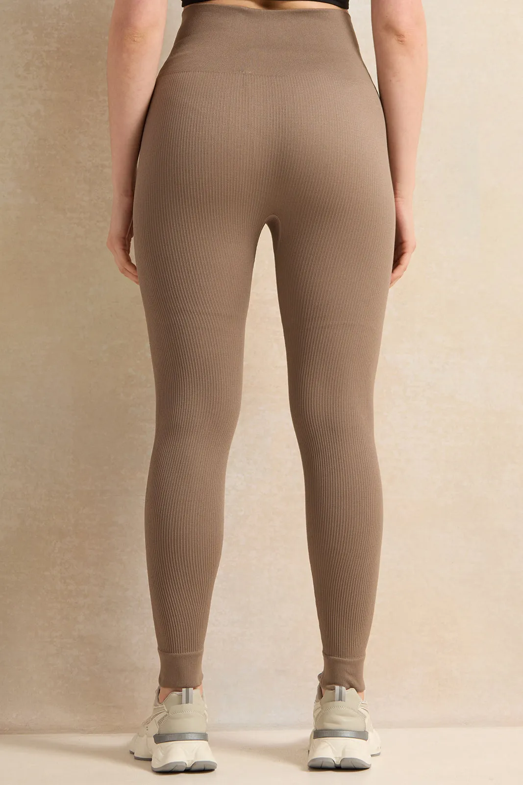 Women Brown Ribbed Seamless Leggings sold by Redtag product image thumbnail 3