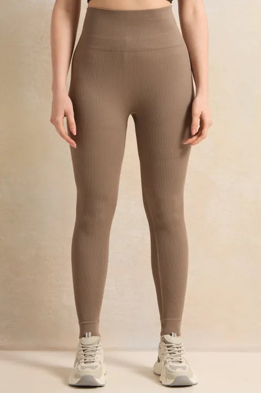 Women Brown Ribbed Seamless Leggings sold by Redtag