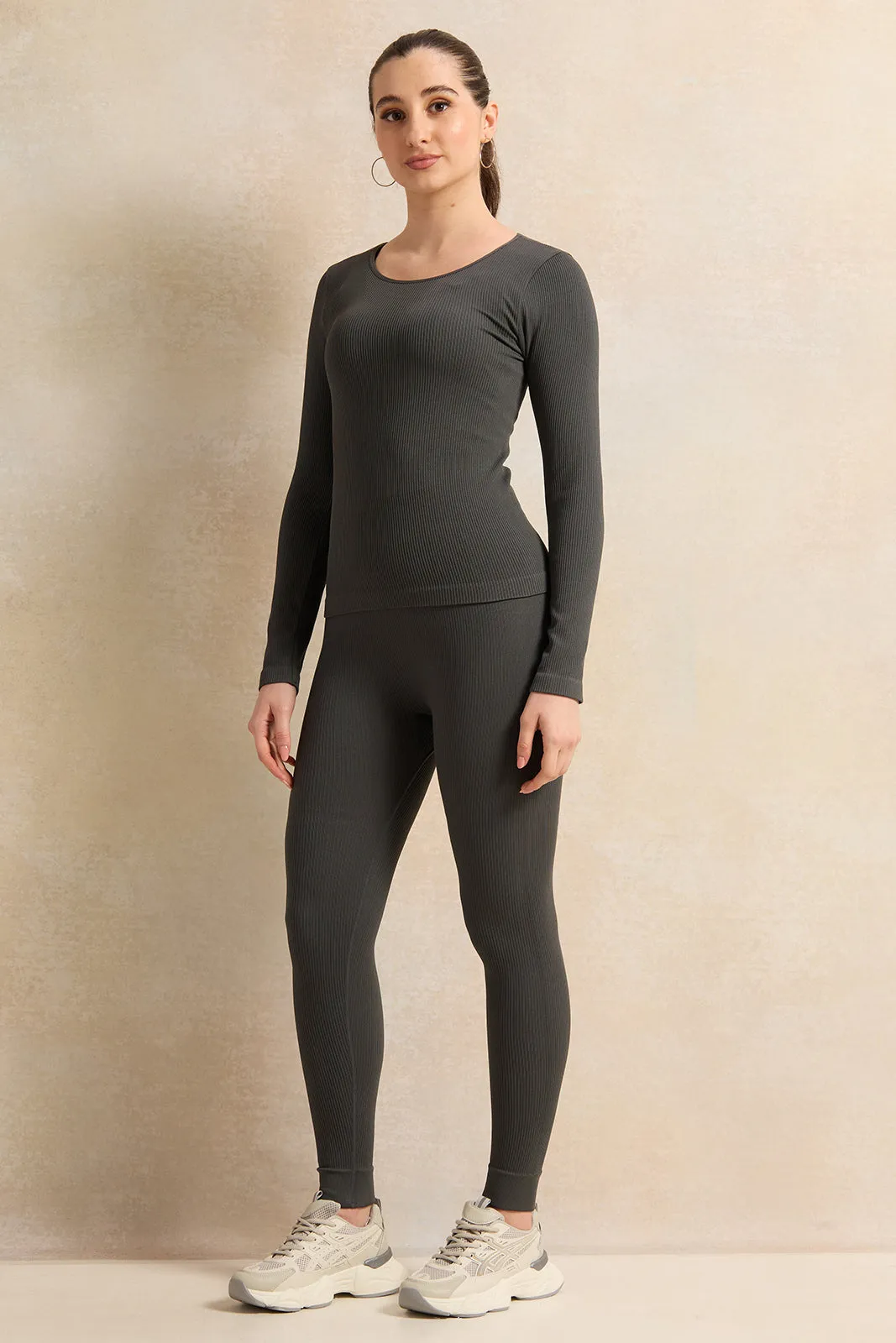 Women Olive Ribbed Long Sleeve T-Shirt sold by Redtag product image thumbnail 2