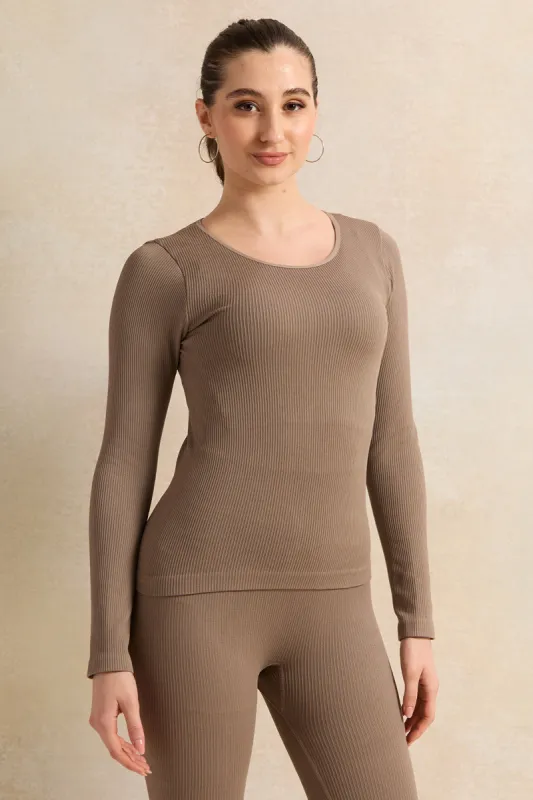Women Brown Ribbed Long Sleeve T-Shirt sold by Redtag