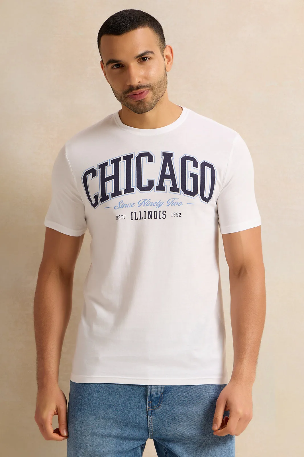 Men White Chicago Print T-Shirt sold by Redtag