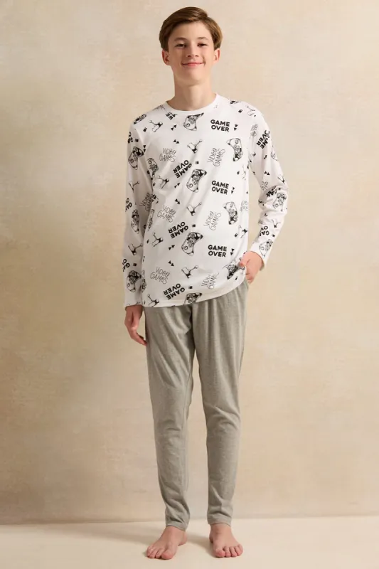 Senior Boys White And Grey Printed Pyjama set (2 Piece) sold by Redtag