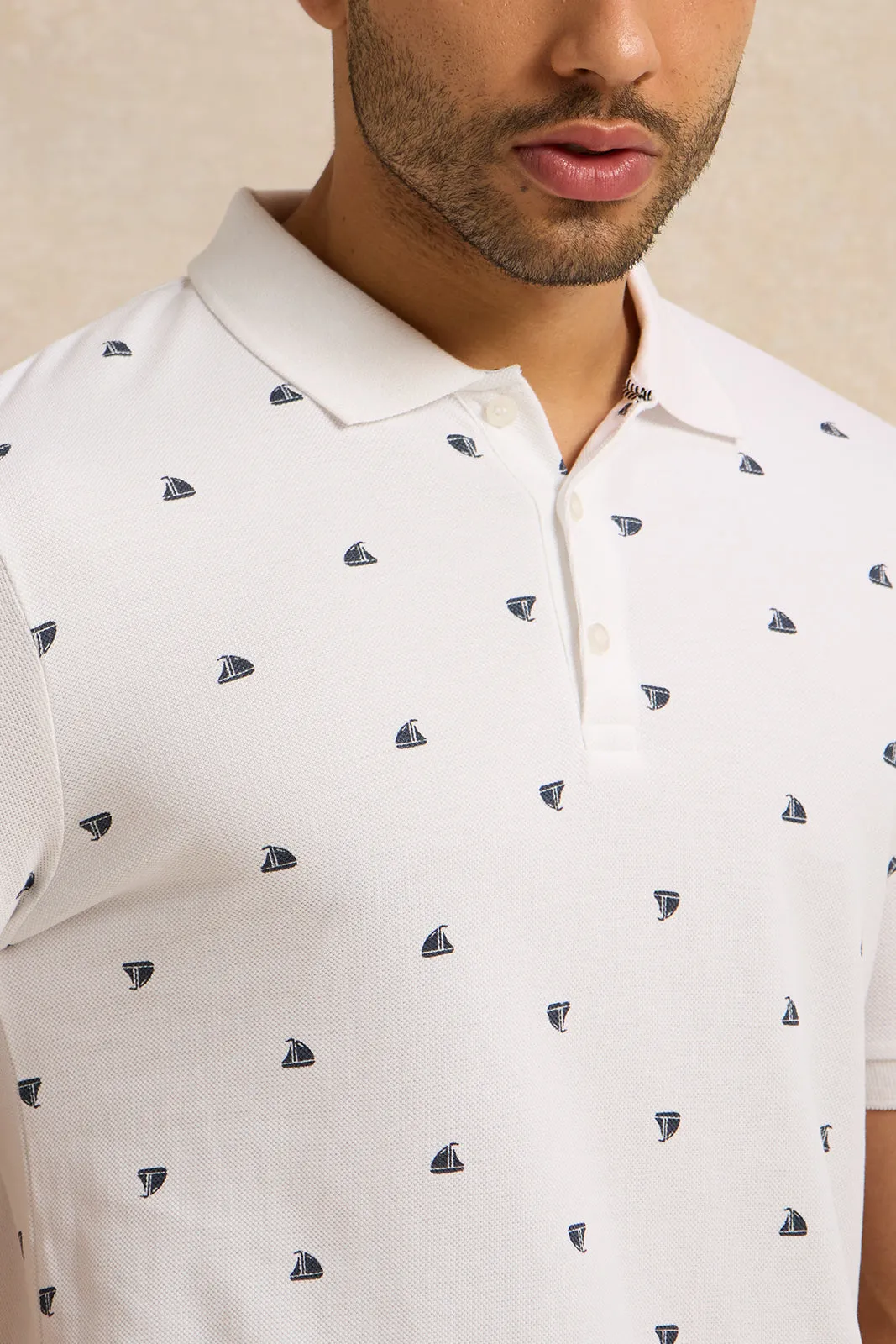 Men White All Over Print Polo Shirt sold by Redtag product image thumbnail 4