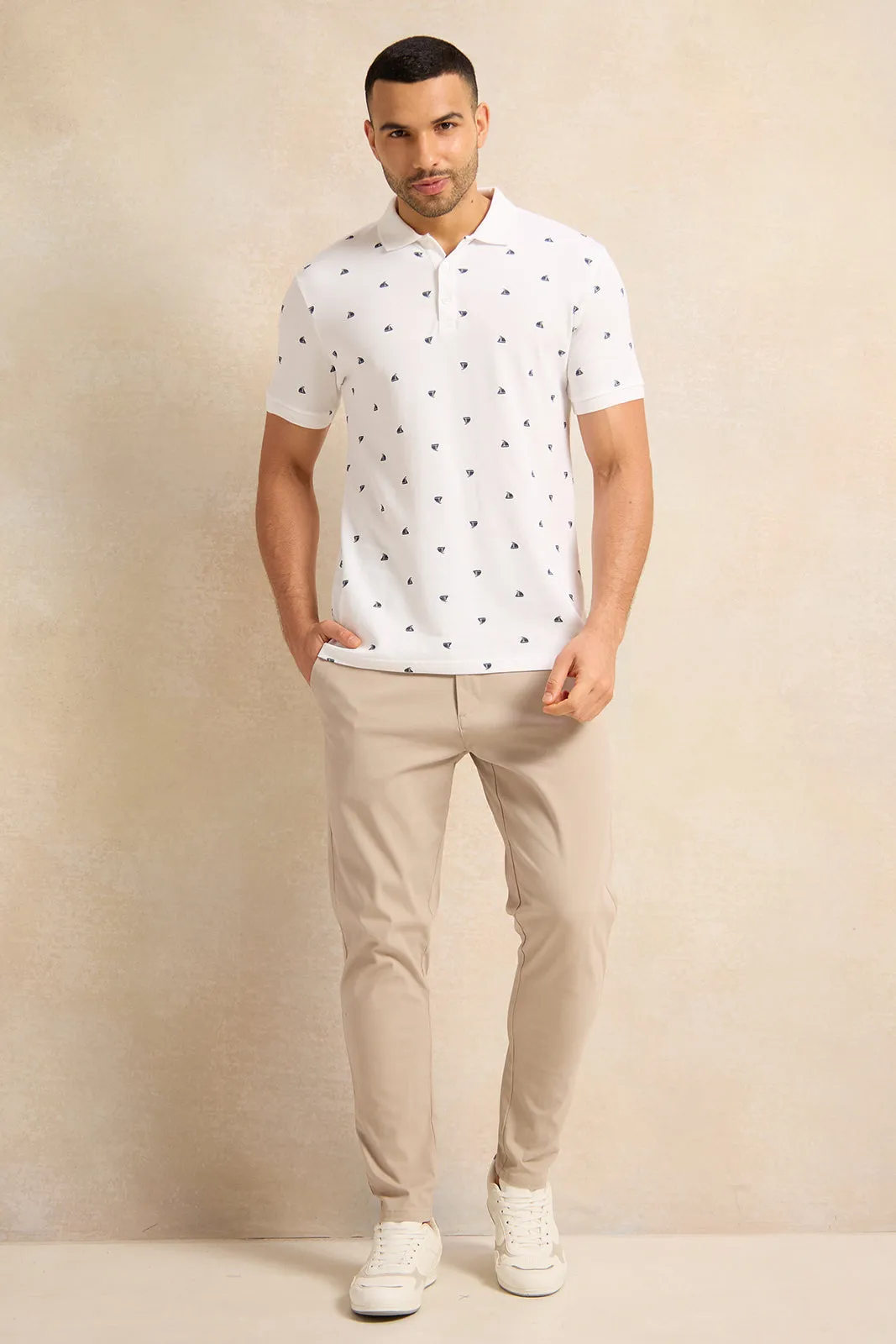 Men White All Over Print Polo Shirt sold by Redtag product image thumbnail 2