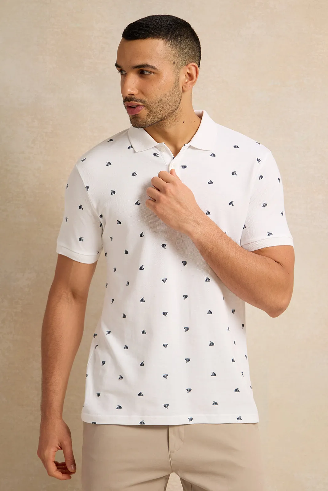 Men White All Over Print Polo Shirt sold by Redtag