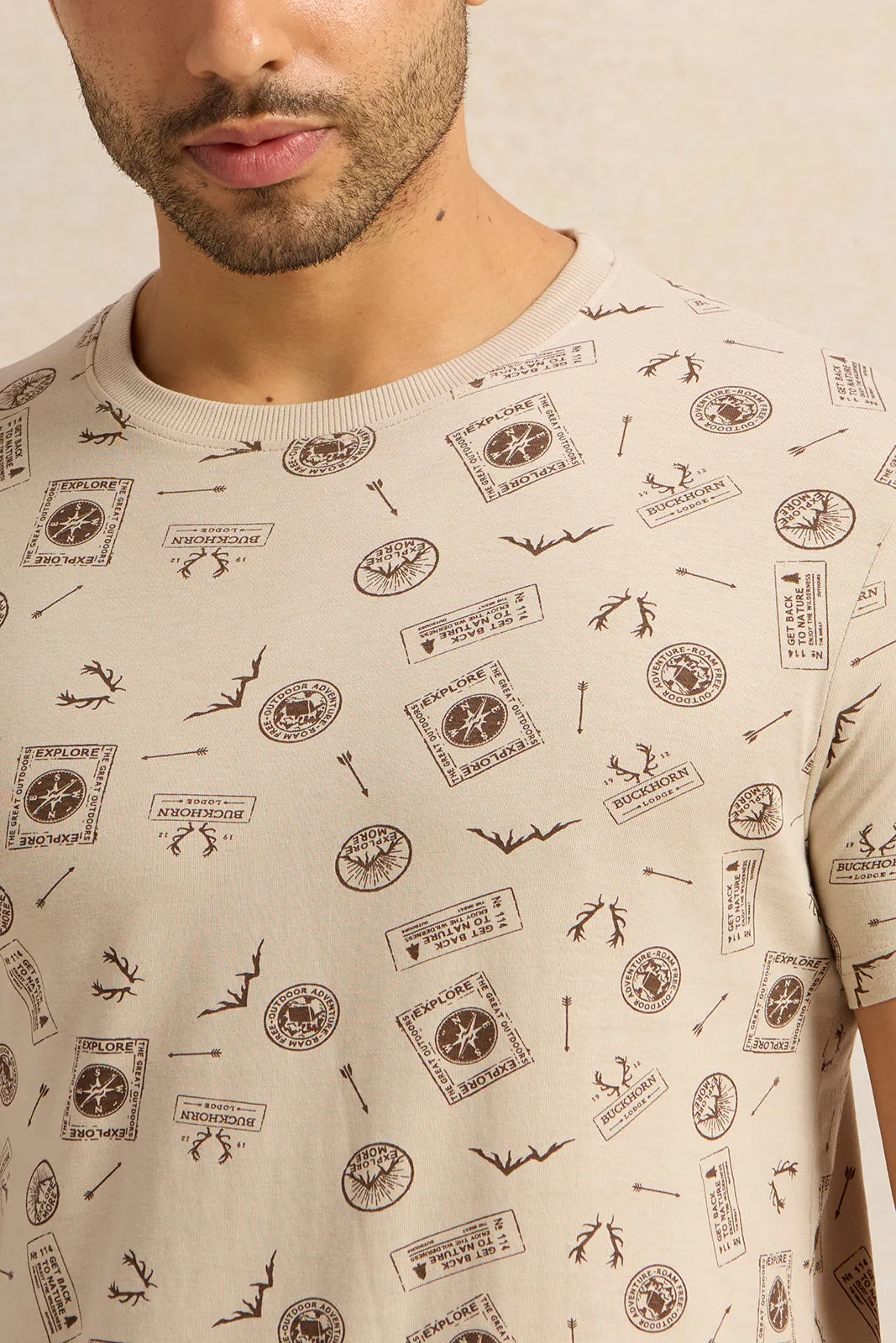 Men Beige Printed T-Shirt sold by Redtag product image thumbnail 4