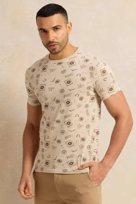 Men Beige Printed T-Shirt sold by Redtag