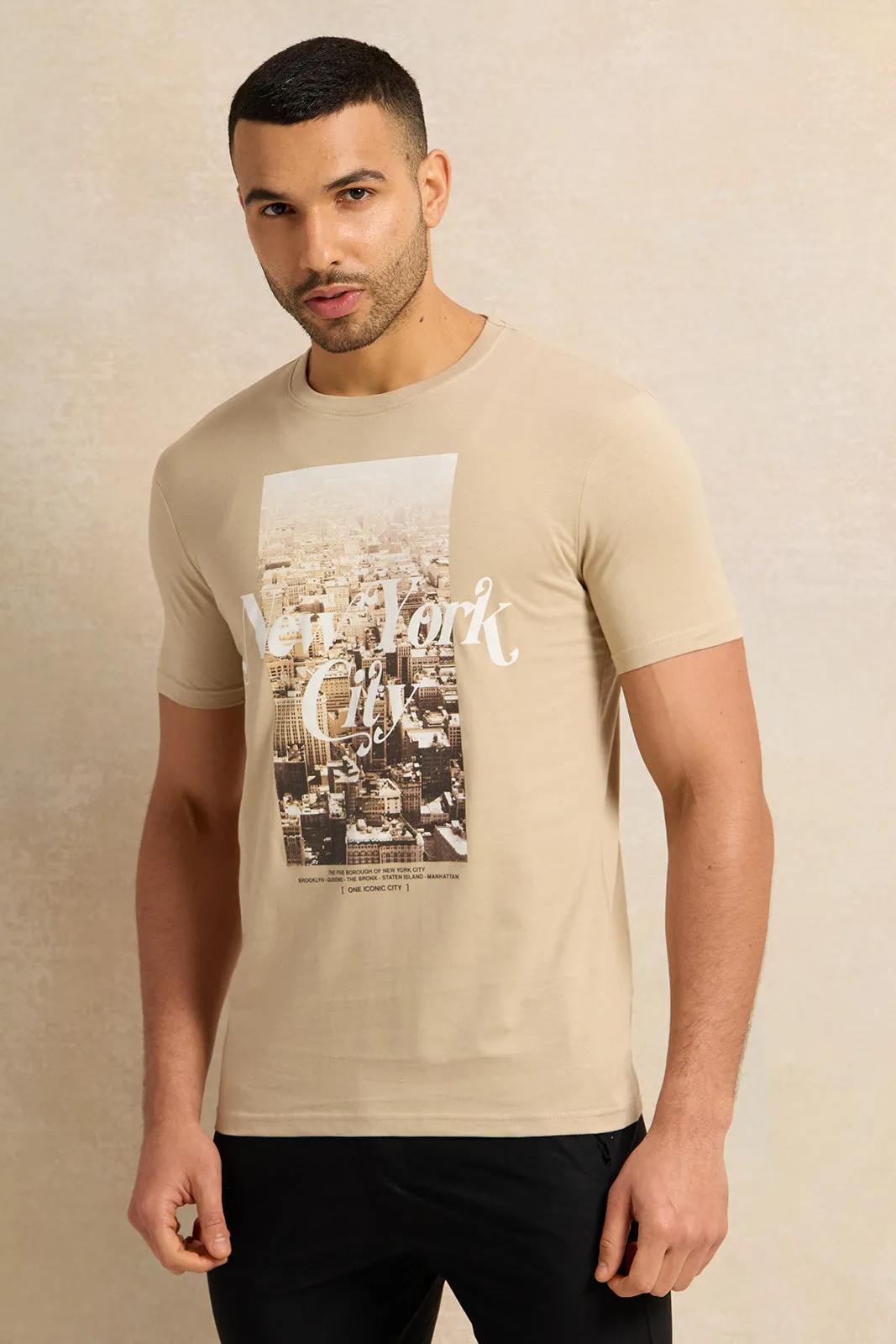 Men Beige Printed T-Shirt sold by Redtag
