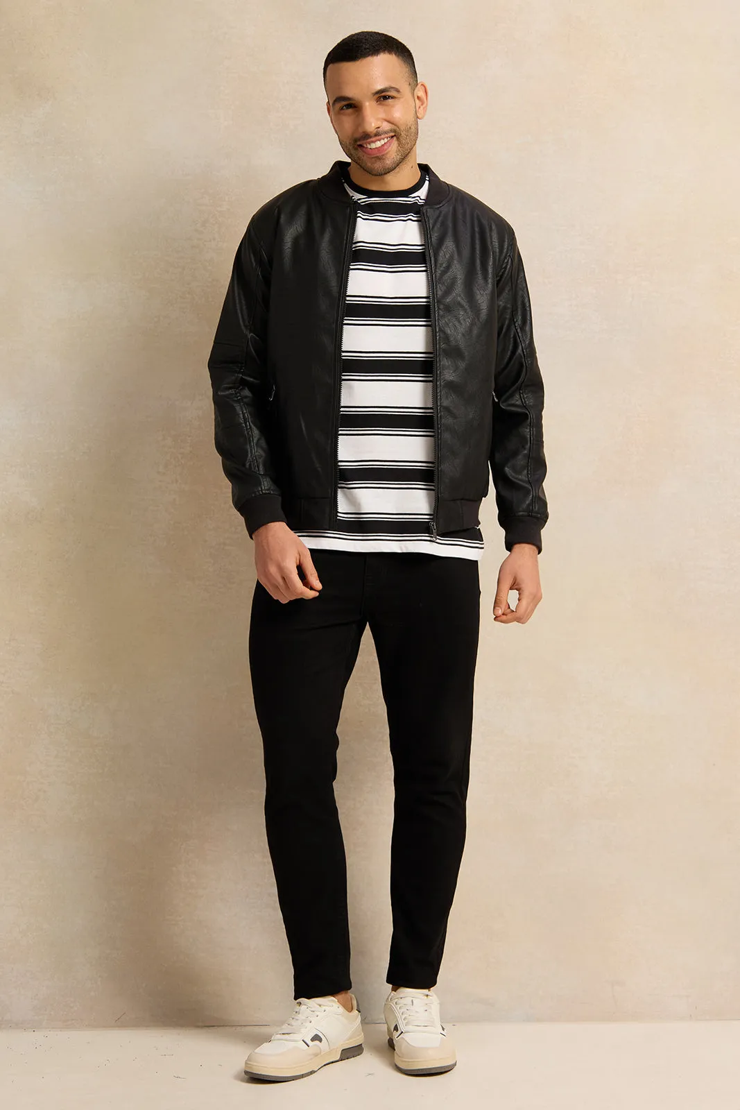Men Black PU Bomber Jacket sold by Redtag product image thumbnail 2