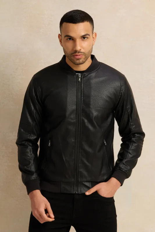 Men Black PU Bomber Jacket sold by Redtag