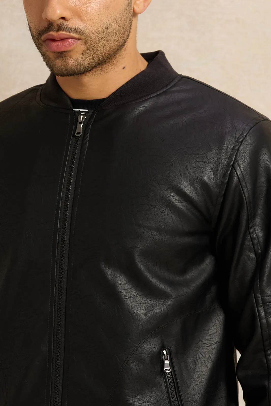 Men Black PU Bomber Jacket sold by Redtag product image thumbnail 4