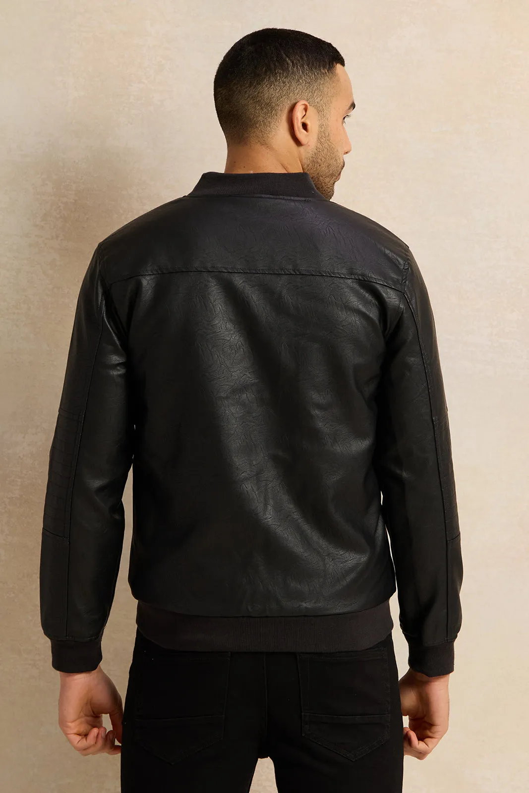 Men Black PU Bomber Jacket sold by Redtag product image thumbnail 3