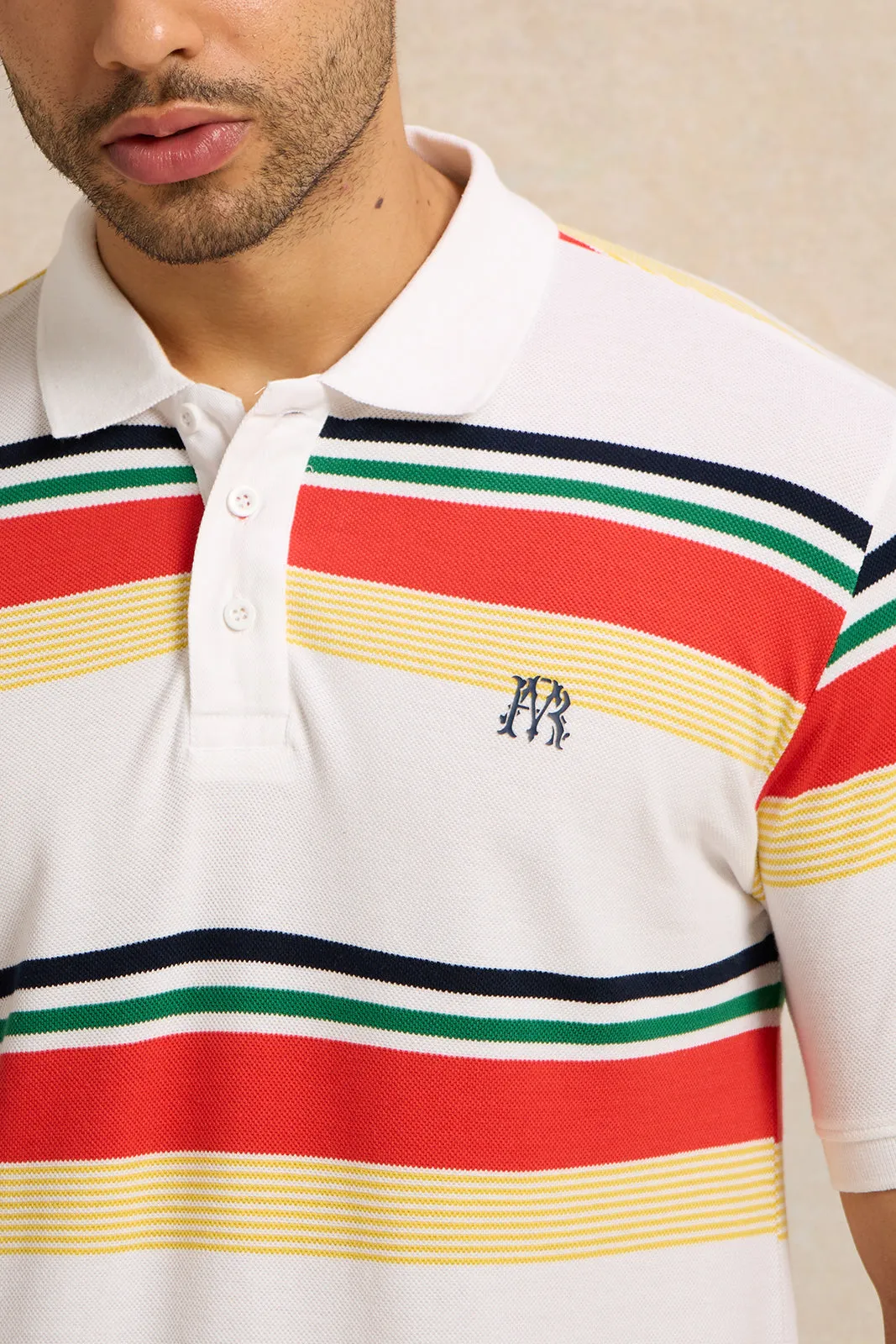 Men Beige Feeder Stripe Pique Polo Shirt sold by Redtag product image thumbnail 4