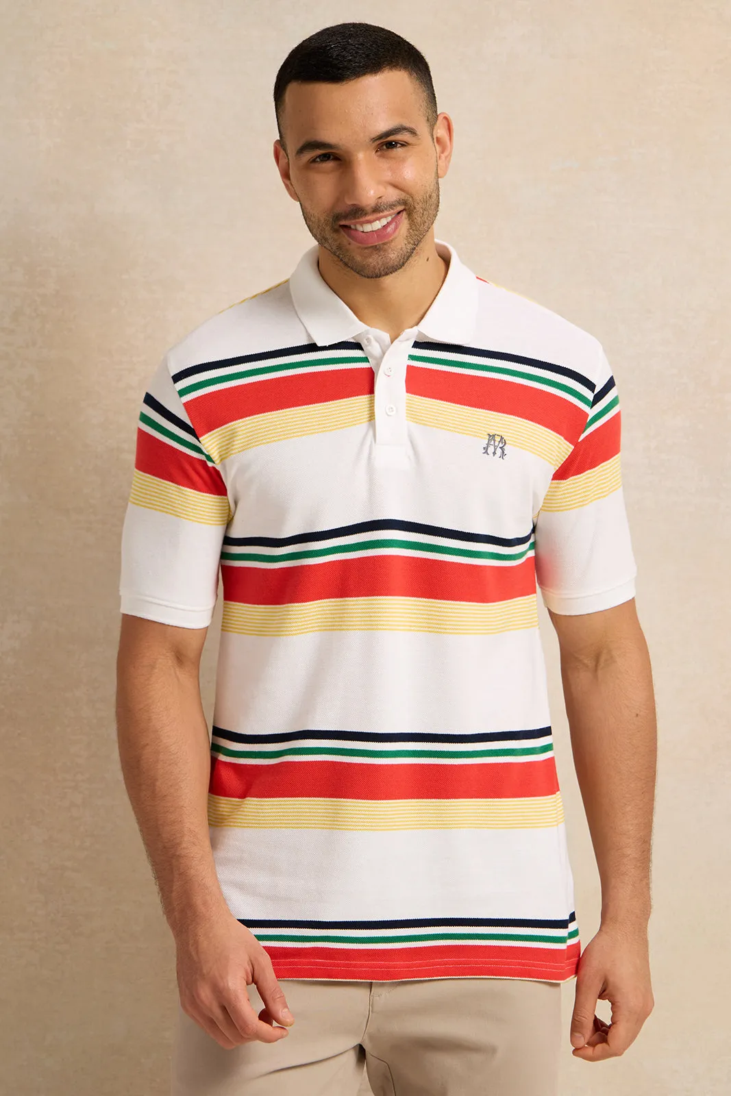 Men Beige Feeder Stripe Pique Polo Shirt sold by Redtag