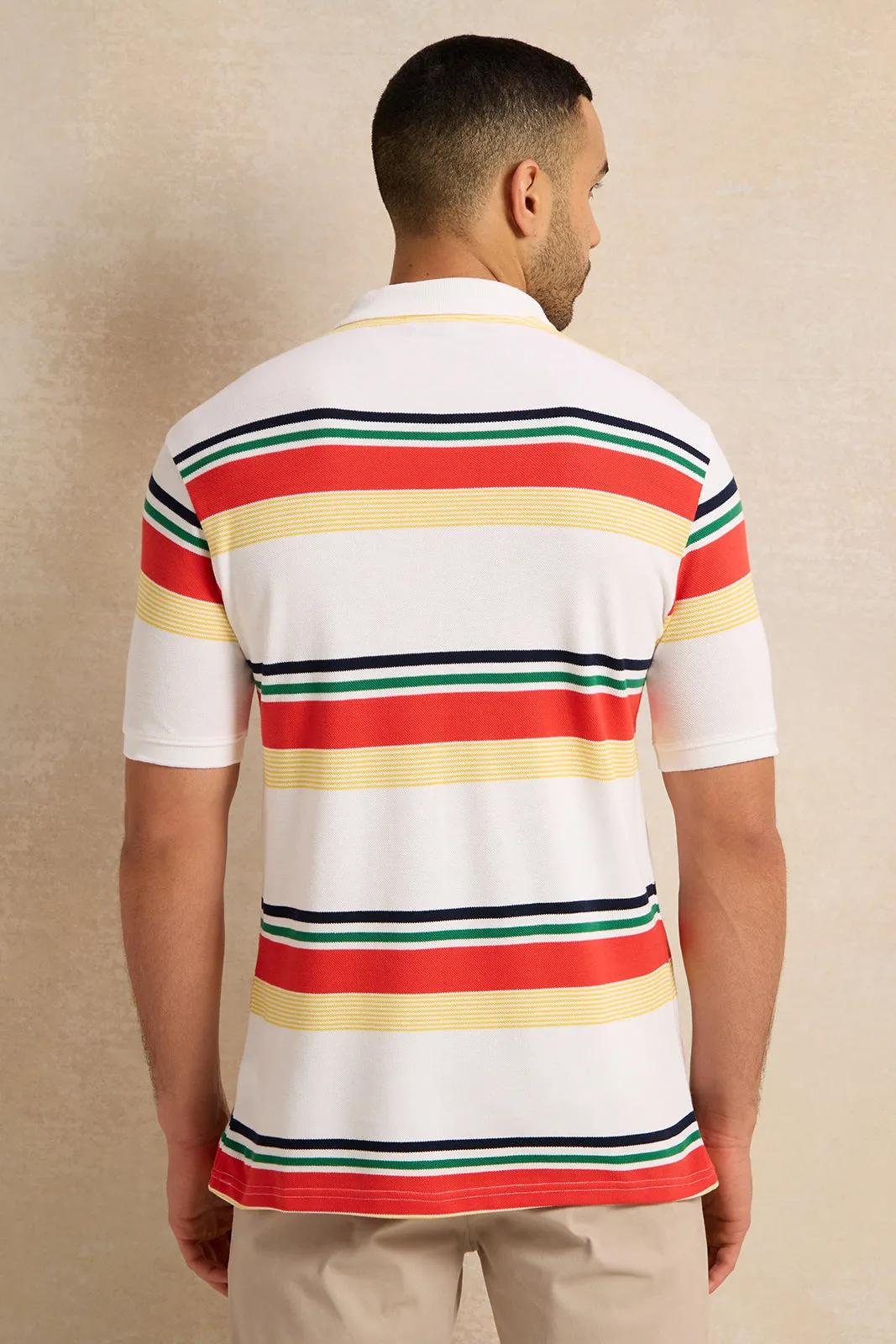 Men Beige Feeder Stripe Pique Polo Shirt sold by Redtag product image thumbnail 3