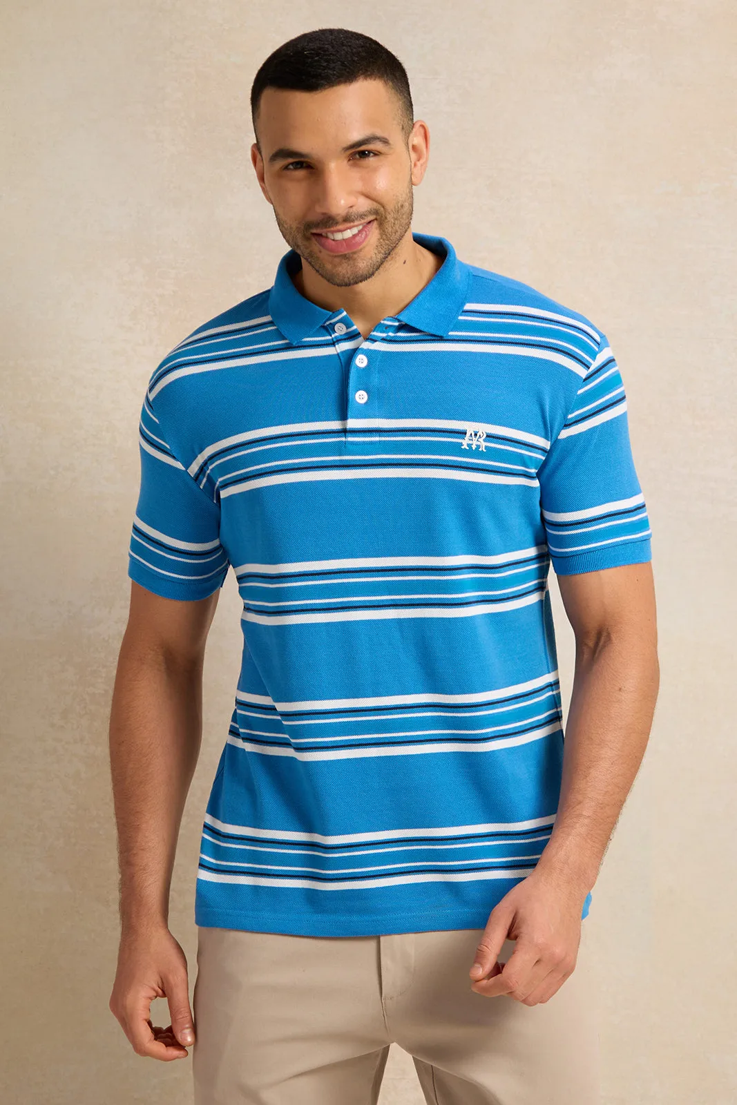 Men Blue Feeder Striped Pique Polo Shirt sold by Redtag