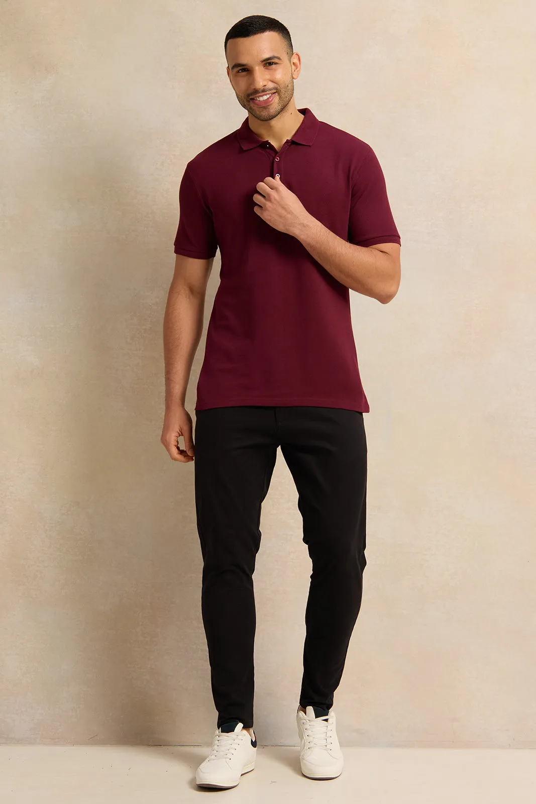 Men Burgundy Solid Pique Polo Shirt sold by Redtag product image thumbnail 2