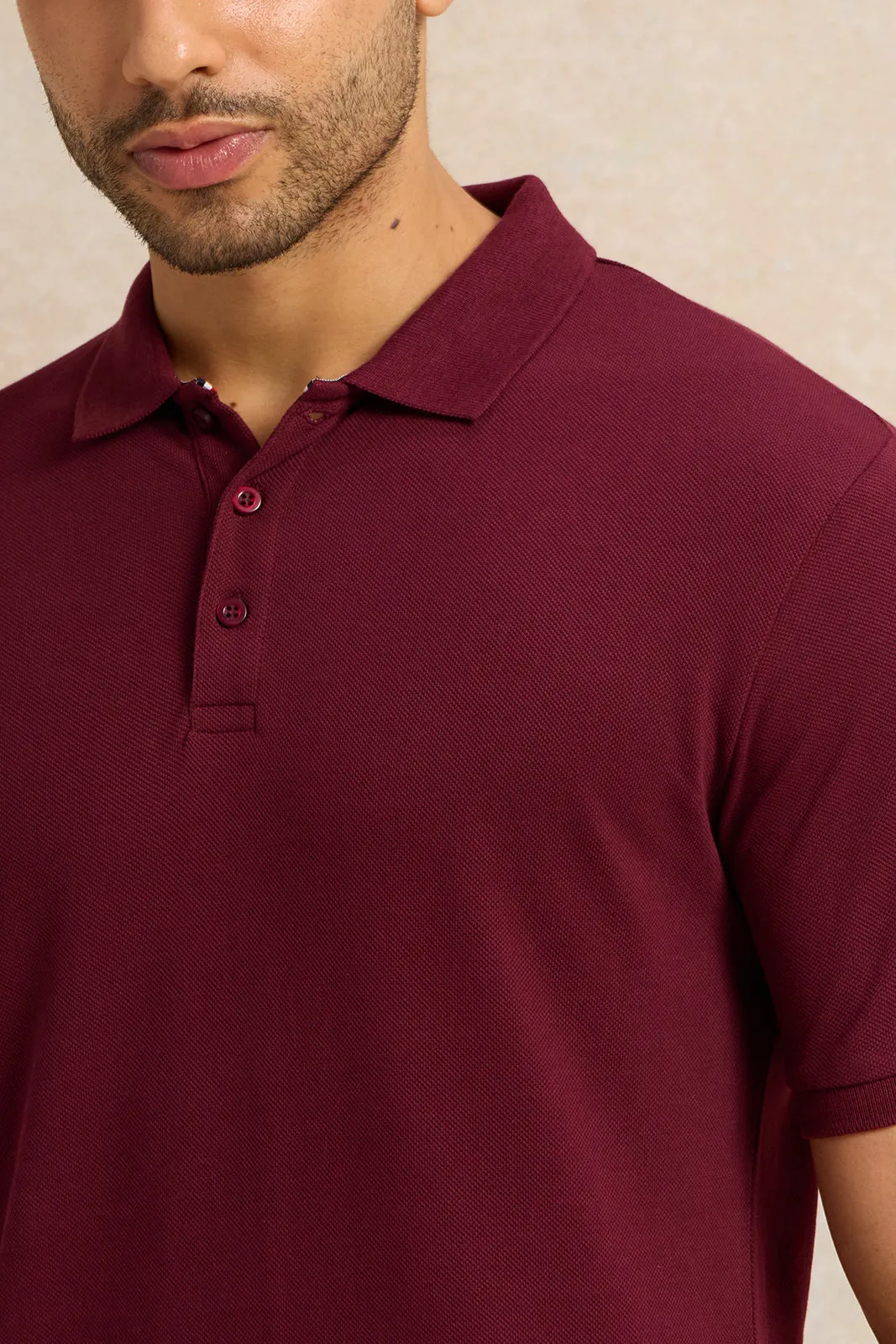 Men Burgundy Solid Pique Polo Shirt sold by Redtag product image thumbnail 4