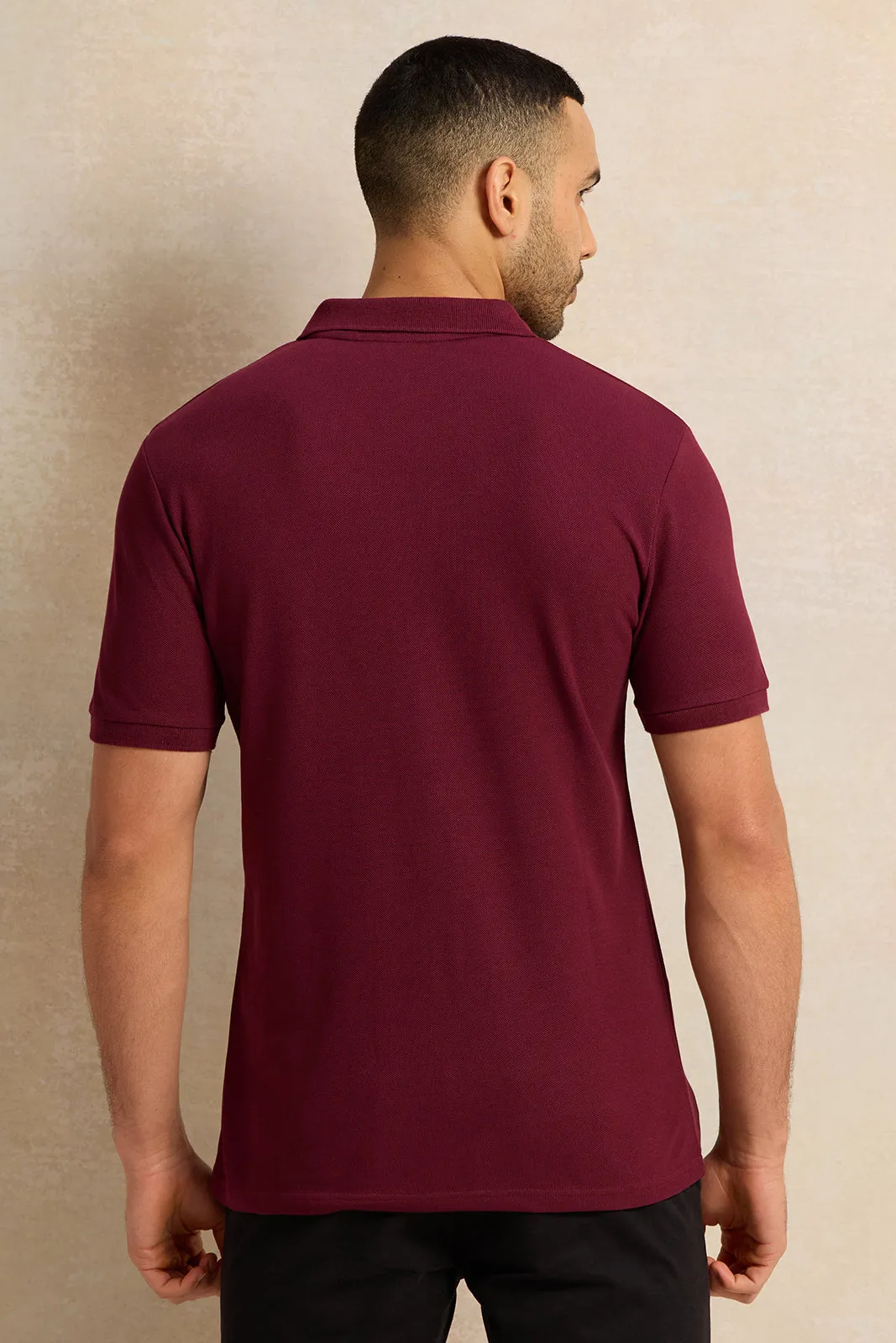 Men Burgundy Solid Pique Polo Shirt sold by Redtag product image thumbnail 3
