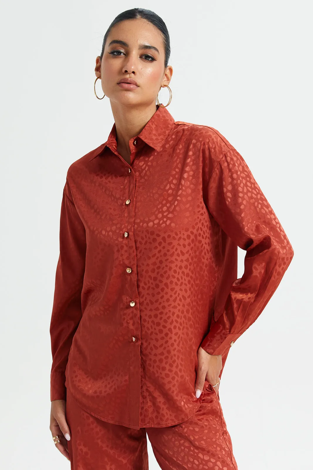 Women Red Jacquard Button Front Blouse sold by Redtag