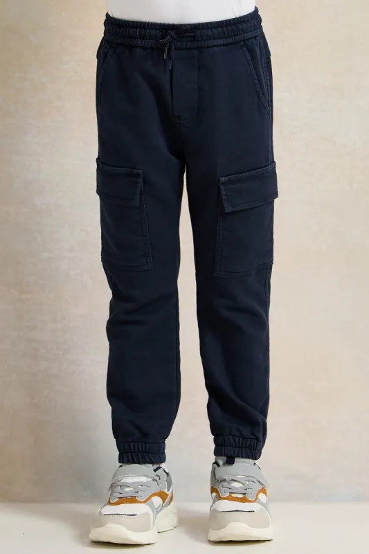 Boys Navy Knitted Denim Cargo Pocket Jogger sold by Redtag