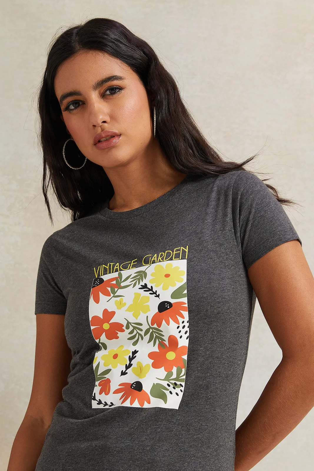 Women Charcoal Floral Printed T-Shirt sold by Redtag product image thumbnail 4