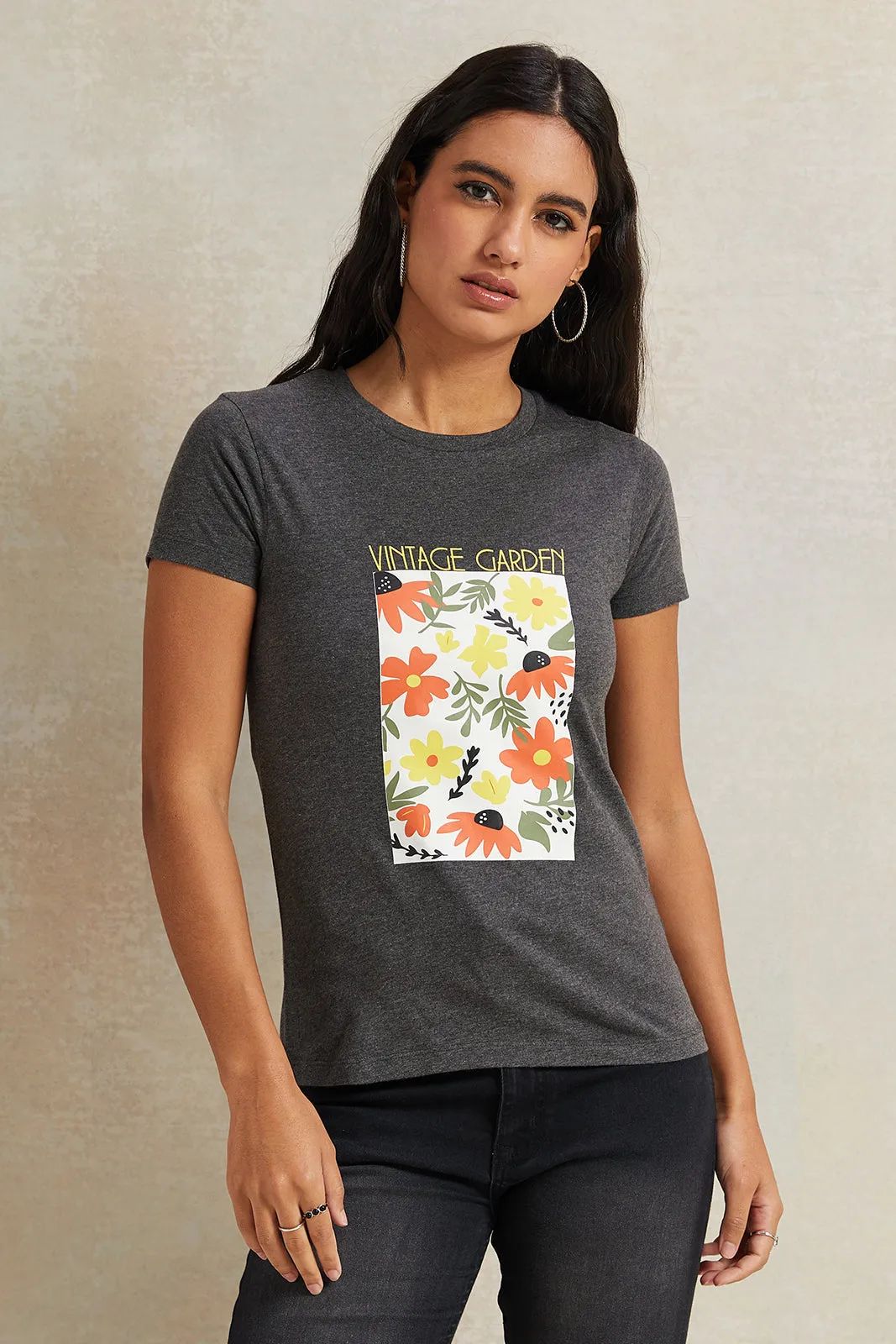 Women Charcoal Floral Printed T-Shirt sold by Redtag