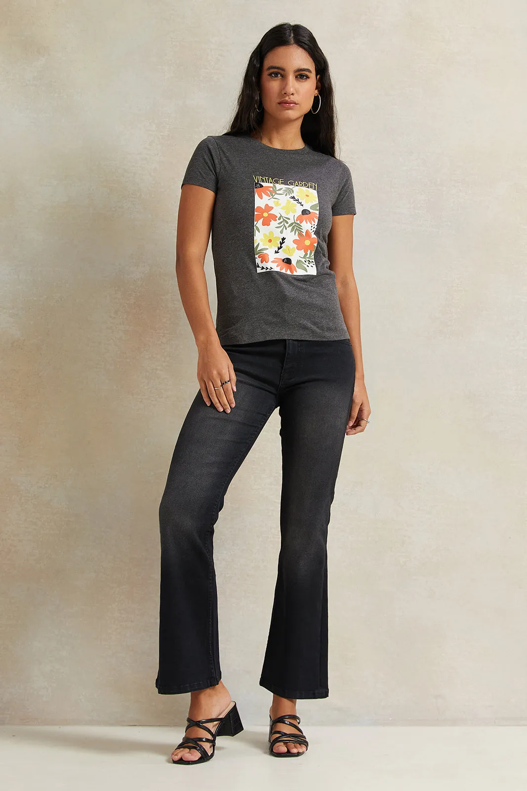 Women Charcoal Floral Printed T-Shirt sold by Redtag product image thumbnail 2