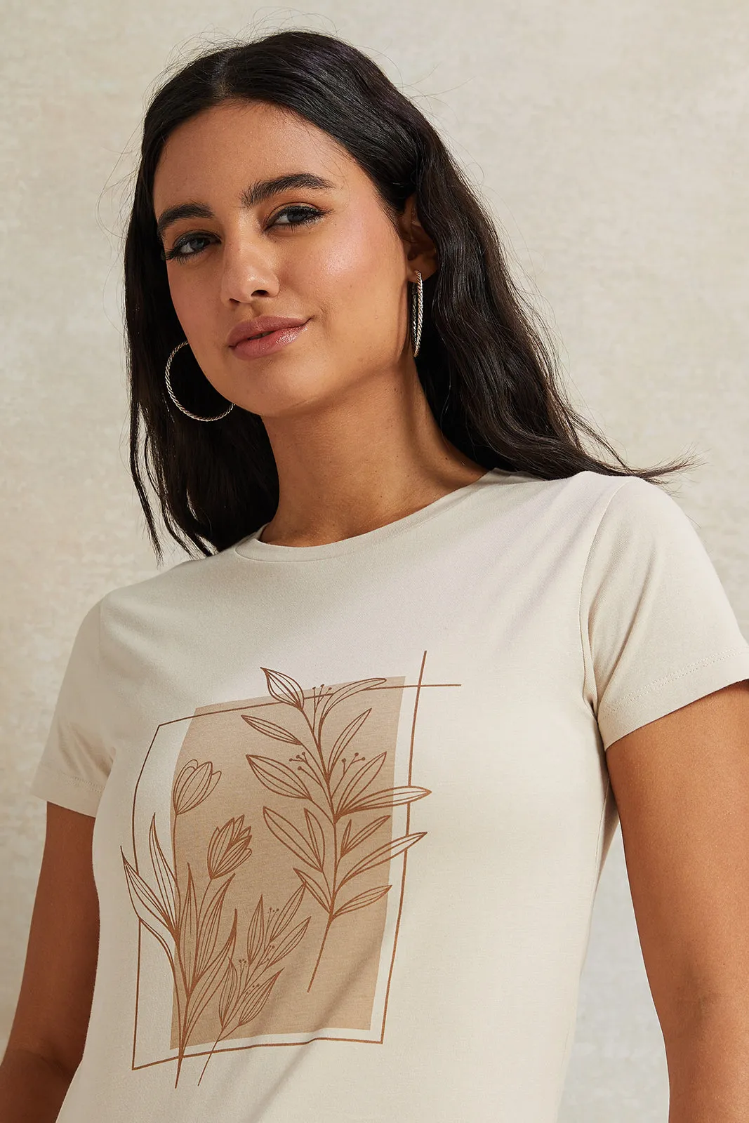 Women Beige Leaves Printed T-Shirt sold by Redtag product image thumbnail 4